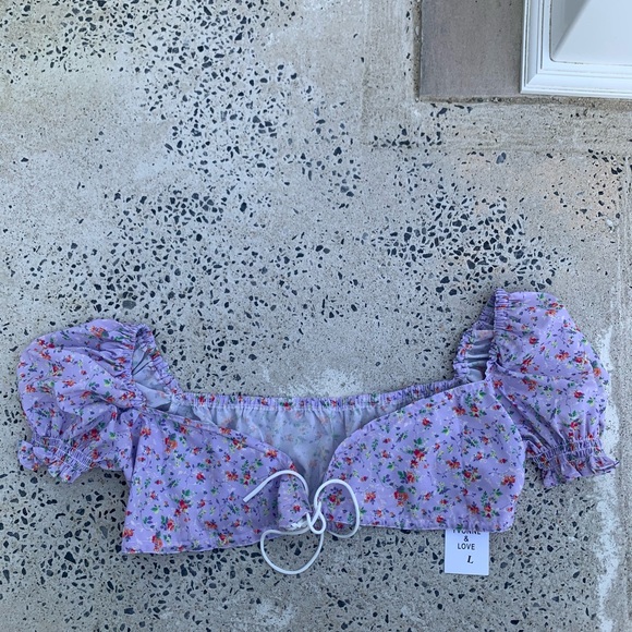 Lilac Flower Puffy Short Sleeve Bra Top $4.99 SHIP - Picture 1 of 6